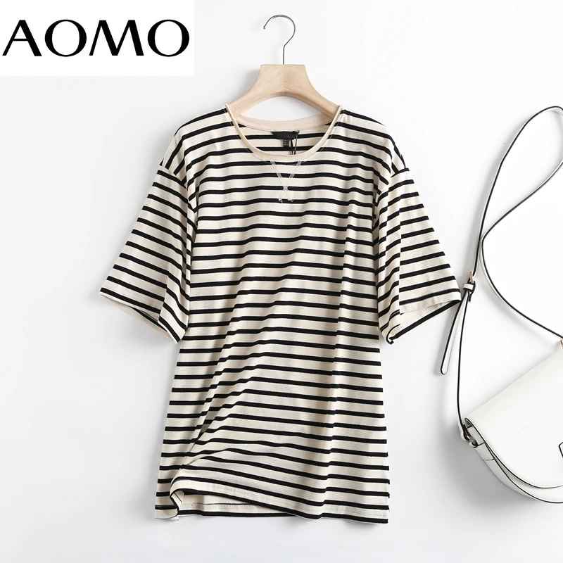 

AOMO 2021 Women High Quality Striped Cotton T Shirt Short Sleeve O Neck Tees Ladies Casual Tee Shirt Street Wear Top 6D94A