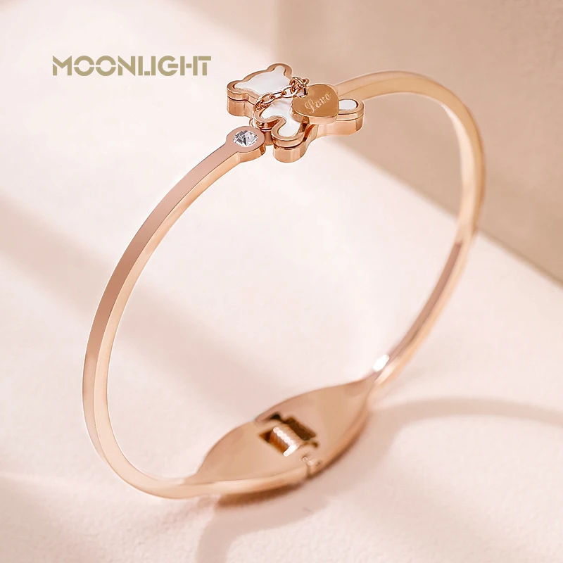 MOONLIGHT Women's Trendy Cute Teddy Bear Bangle Rose Golden Natural Shell Wristband Bangles Party Jewelry Chiristmas Gifts