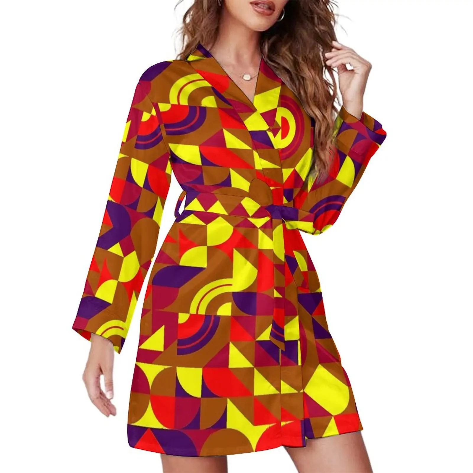 

Colorful Geo Print Pajama Robe V Neck Abstract Geometric Cute Dress Female Long-Sleeve Leisure Bathrobe Graphic Pajamas Robes