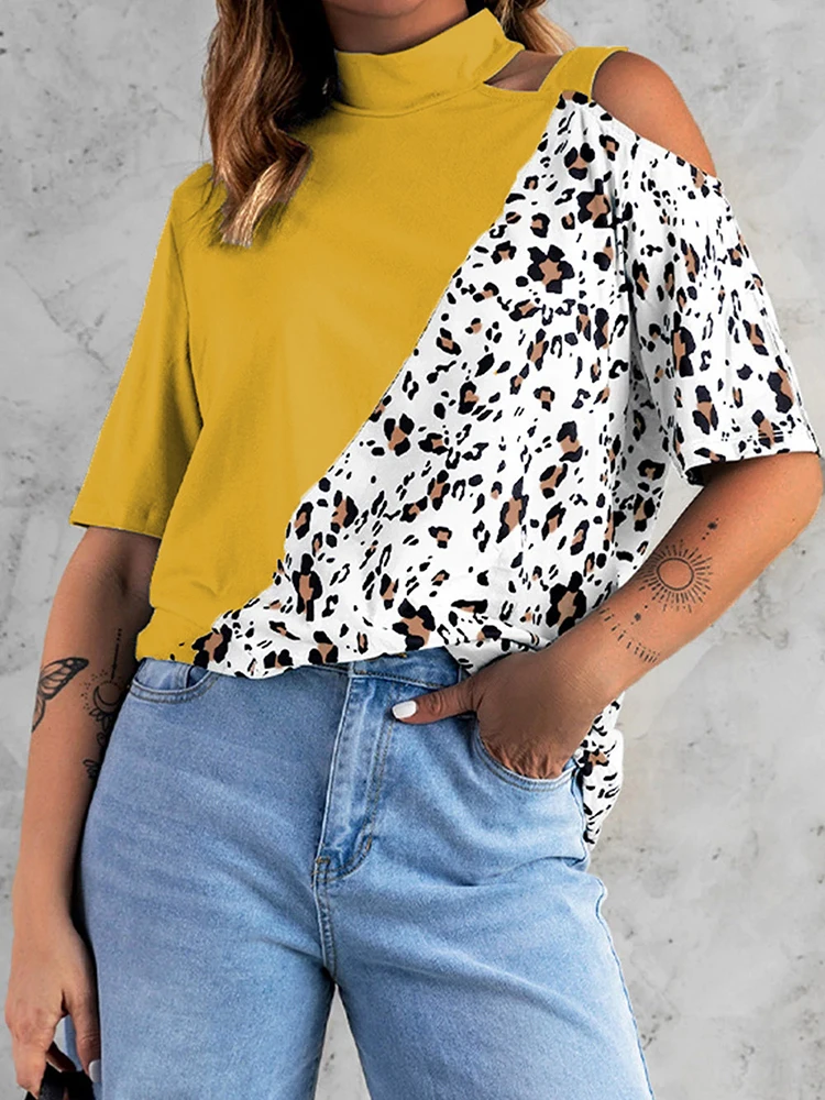 Sweatshirts 2022 Patchwork Leopard Loungewear Women Blouses O-Neck Short Sleeve Pullover Straight Ladies Shirts Streetwear