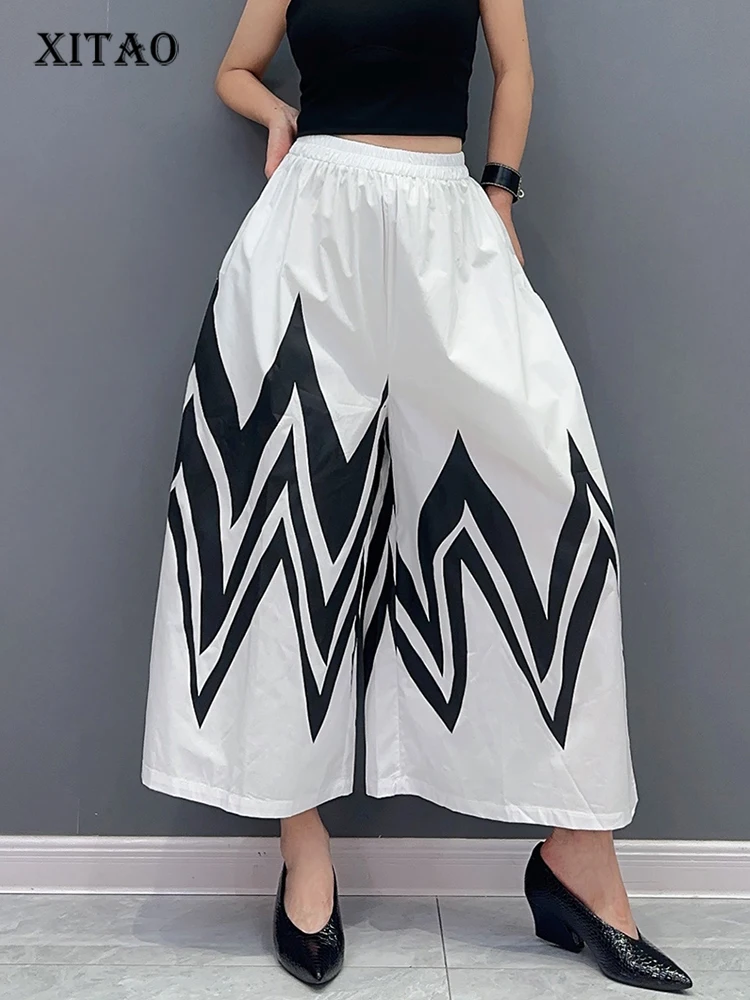

XITAO Casual Loose Elastic Waist Ankle Length Pants Fashion Pleated 2023 Women Summer New All-match Wide Leg Pants DMJ2009
