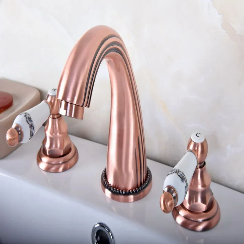 

Antique Red Copper Brass Deck Mounted Dual Handles Widespread Bathroom 3 Holes Basin Faucet Mixer Water Taps mrg080