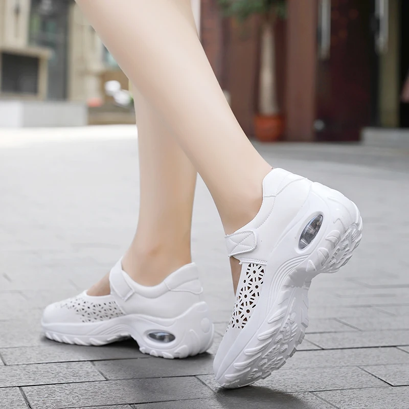 Women Walking Shoes Slip on Mary Jane Sneakers Air-cushion Lightweight Running Shoes Platform Outdoor Casual Sport Shoes Hollow
