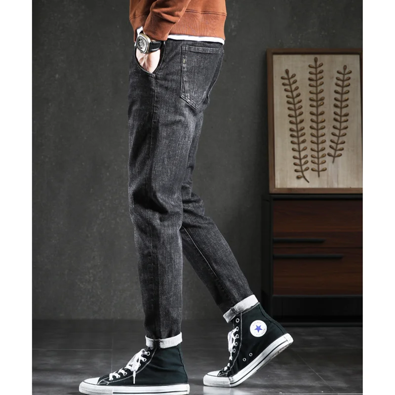 Streetwear Men 2022 New Pattern Elastic Force Straight Cylinder BlackJeans Loose Plush and Thicken Cargo Pants Autumn Female