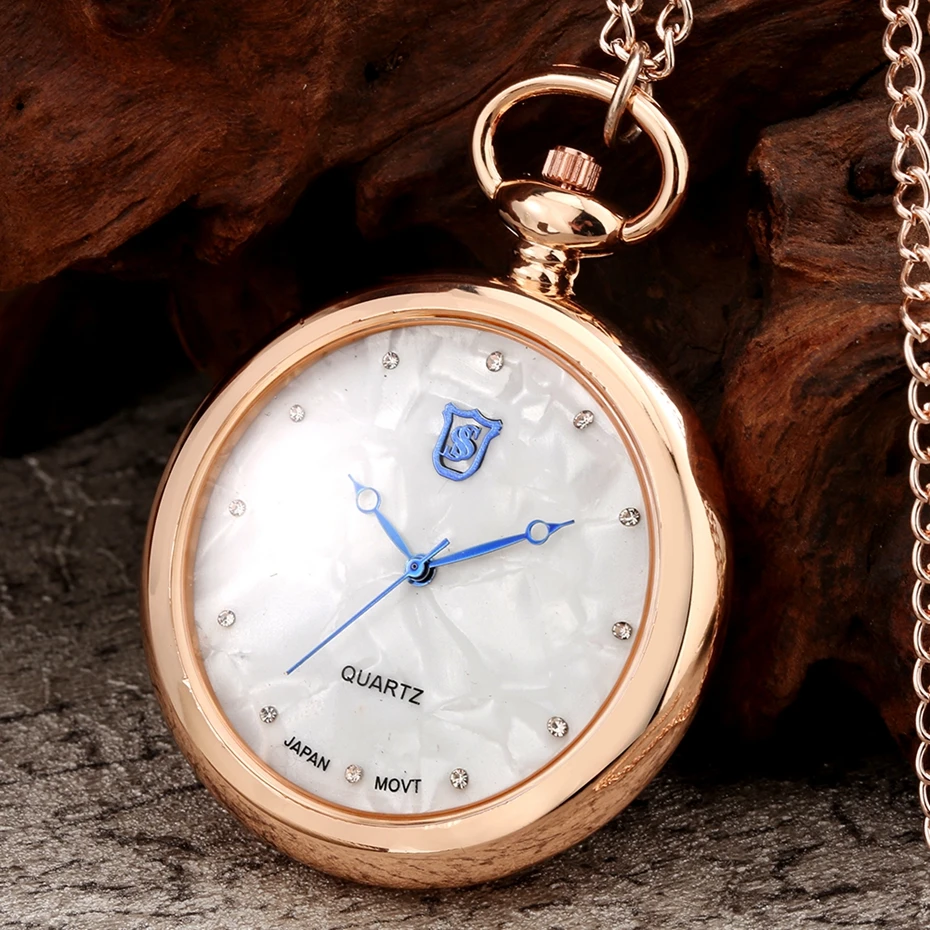 

Rose Gold Color Glazed Dried Flower Bottom Necklace Crystal Diamonds Shell Dial Design Pocket Watch Fashion Pendant Timepiece