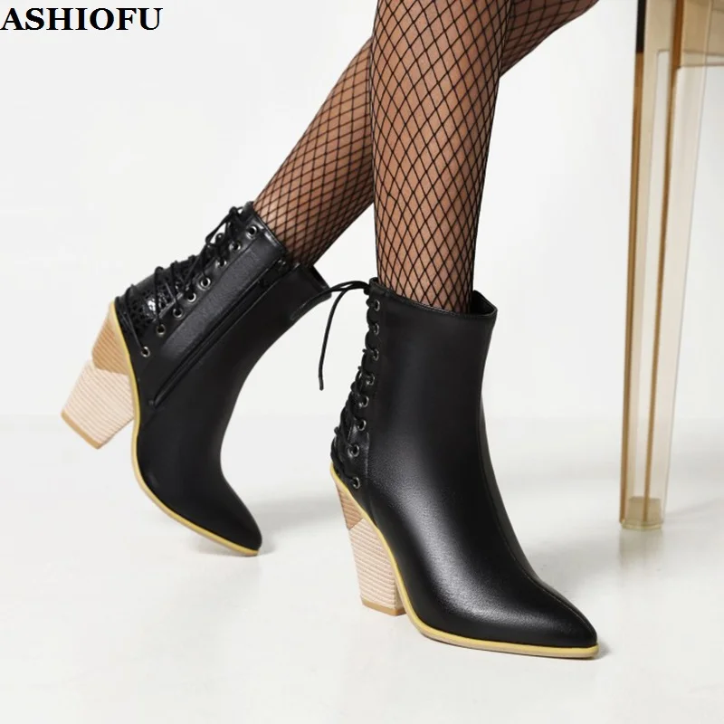 

ASHIOFU Handmade Hot Sale Womens Thick Heels Ankle Boots Crisscross Shoelace Big Size Party Booties Evening Fashion Prom Shoes