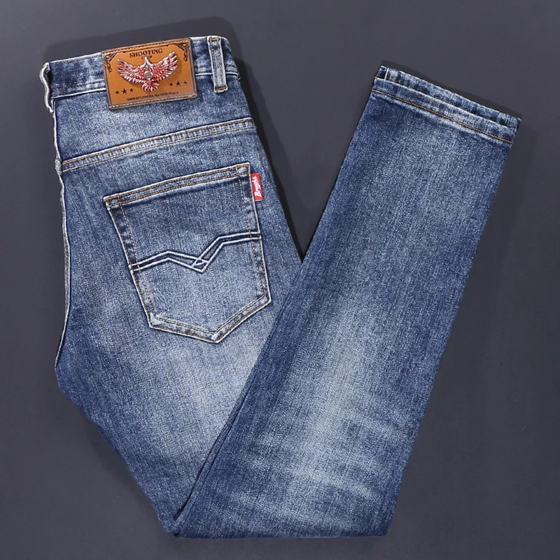 Высококачественные модные мужские джинсы стрейч винтажные потертые синие