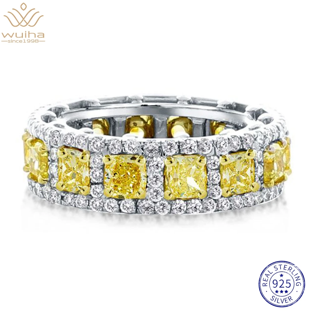 WUIHA Genuine 925 Sterling Silver Cushion Cut Fancy Yellow Sapphire Created Moissanite High Carbon Diamonds Ring for Women Gifts