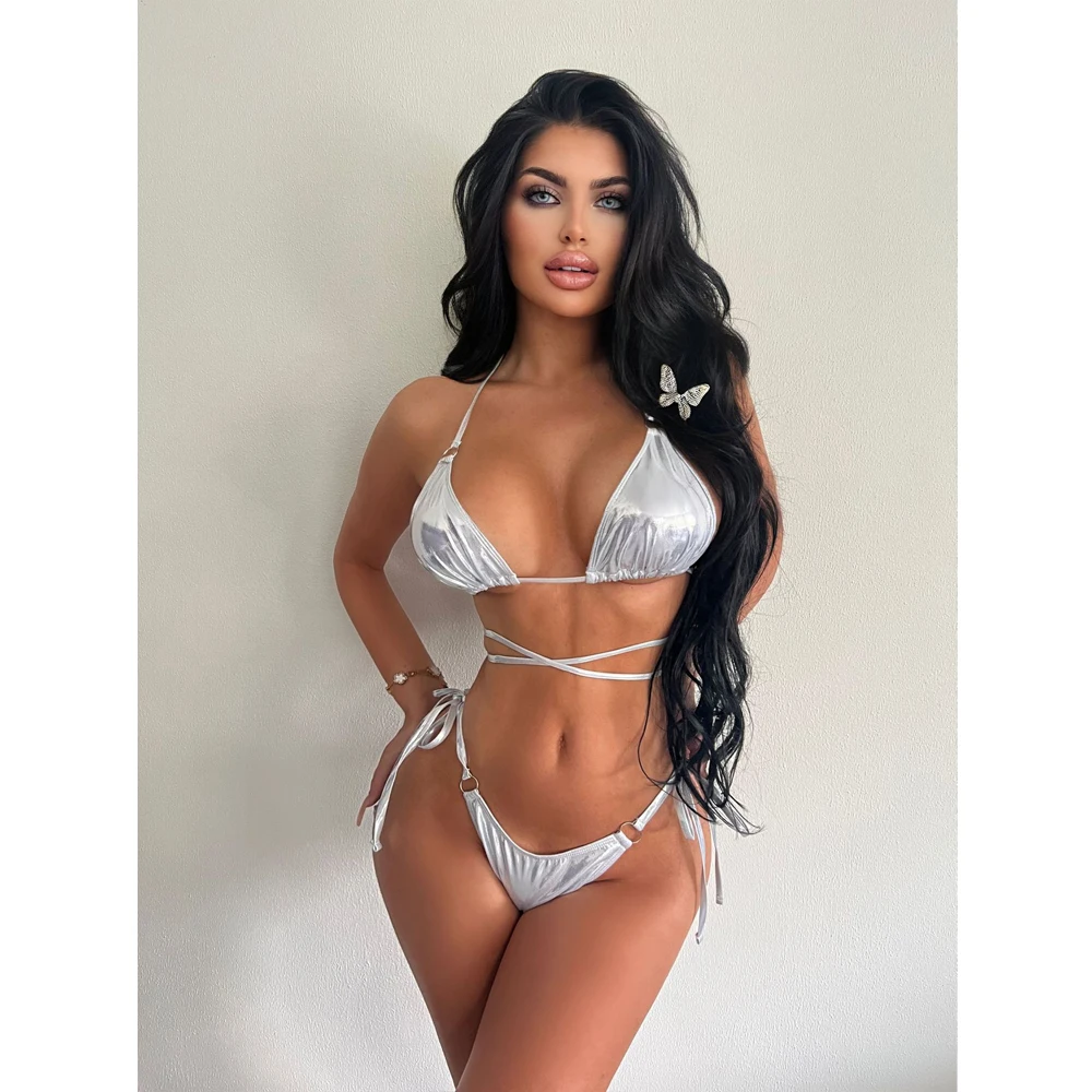 

Solid Color Pleated Swimsuit 2023 Women Two-Piece Thong Bikini Sexy Triangle Cup Swimwear Halter Lace-up Open Back Bathing Suit