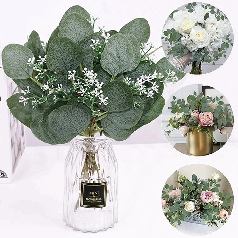 

5pcs Fake Eucalyptus Leaves Stems Artificial Greenery Flowers For Bride Bouquet Vase Floral Arrangement Wedding Home Decoration