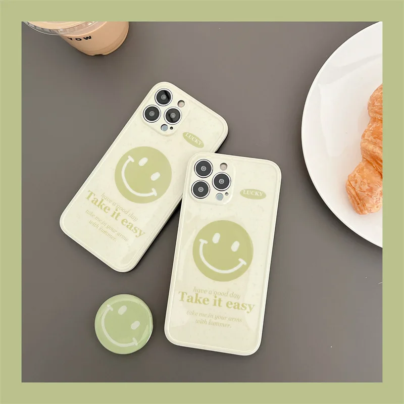 

For iPhone 14Promax 2023 New Ins Net Red Green Smile Face Phone Holder Case 14Pro 13Promax 12 11 Xsmax Xr X Xs 7 8Plus