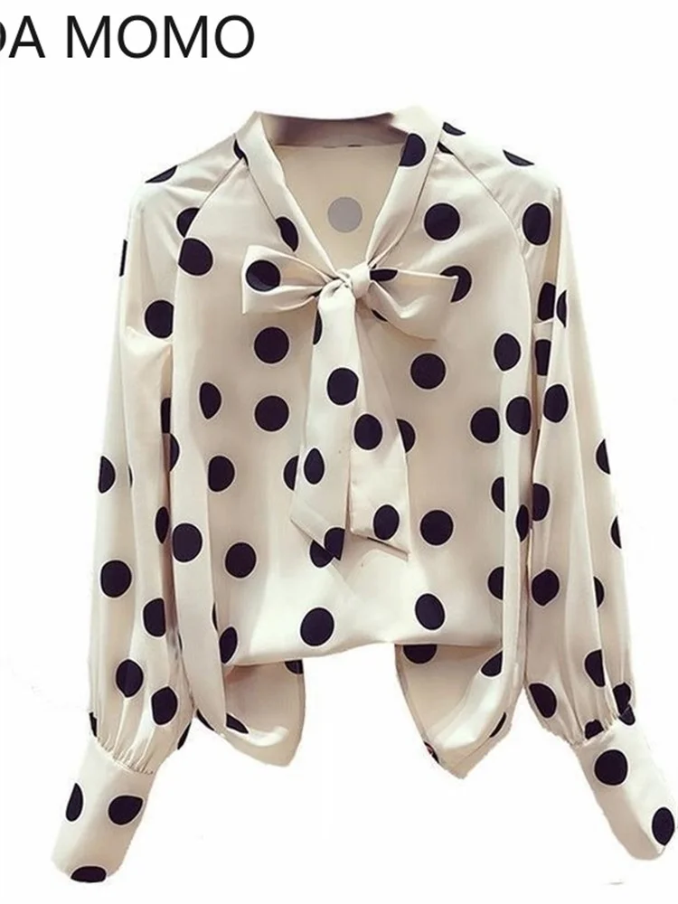 Женская блузка в горошек элегантная винтажная из искусственного шелка с