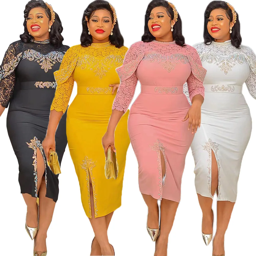 

Plus Size Lace African Party Dresses for Women 2022 New Fashion Dashiki Wedding Bodycon Gown Elegant Muslim Kaftan Maxi Dress