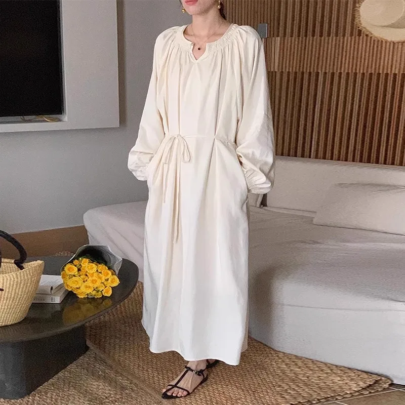 

Платье женское с круглым вырезом, длинный Свободный Повседневный Сарафан в минималистичном стиле, с длинным рукавом, в стиле мори, белое, на осень