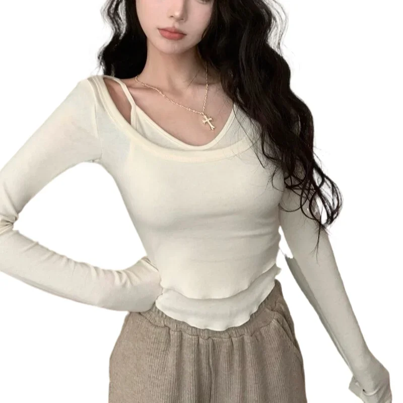 

Осенние женские кашемировые Футболки с длинным рукавом из овечьей шерсти, универсальные Соблазнительные укороченные топы с U-образным вырезом, зимние однотонные футболки с подкладкой