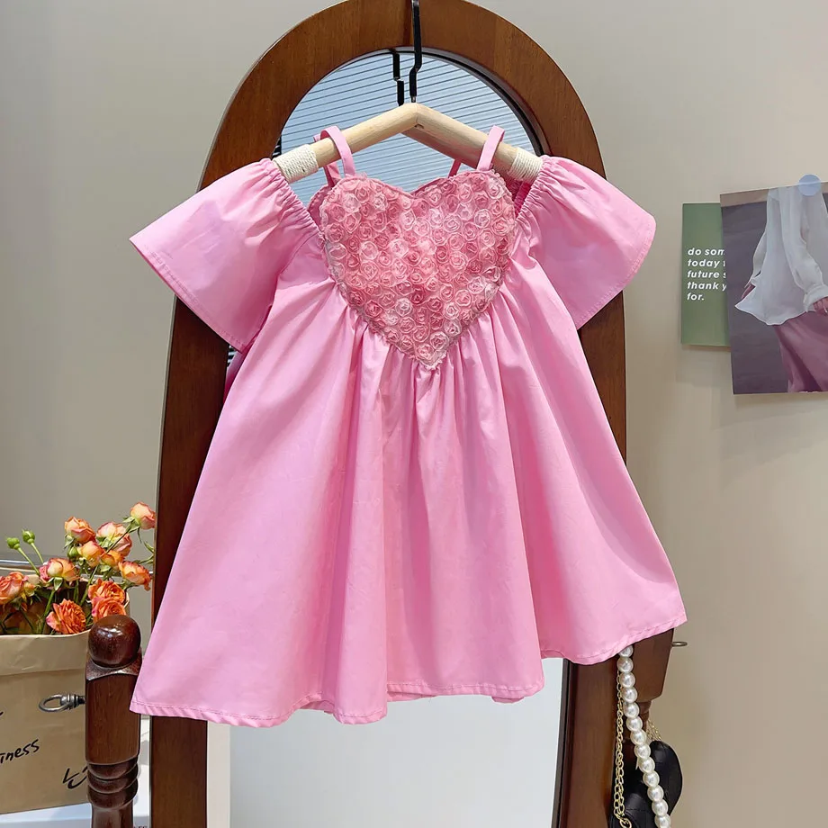 

Pink Dress Kids Clothes Girls Summer Dresses 2 To 10 Years Children's Sling Rose Flower Heart Princess Dress Sweet Cute Fashion