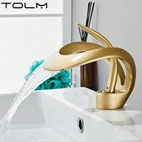 tolm goldblack single handle single hole fashion wash basin sink faucet hot cold bathroom faucet deck mounted waterfull faucet