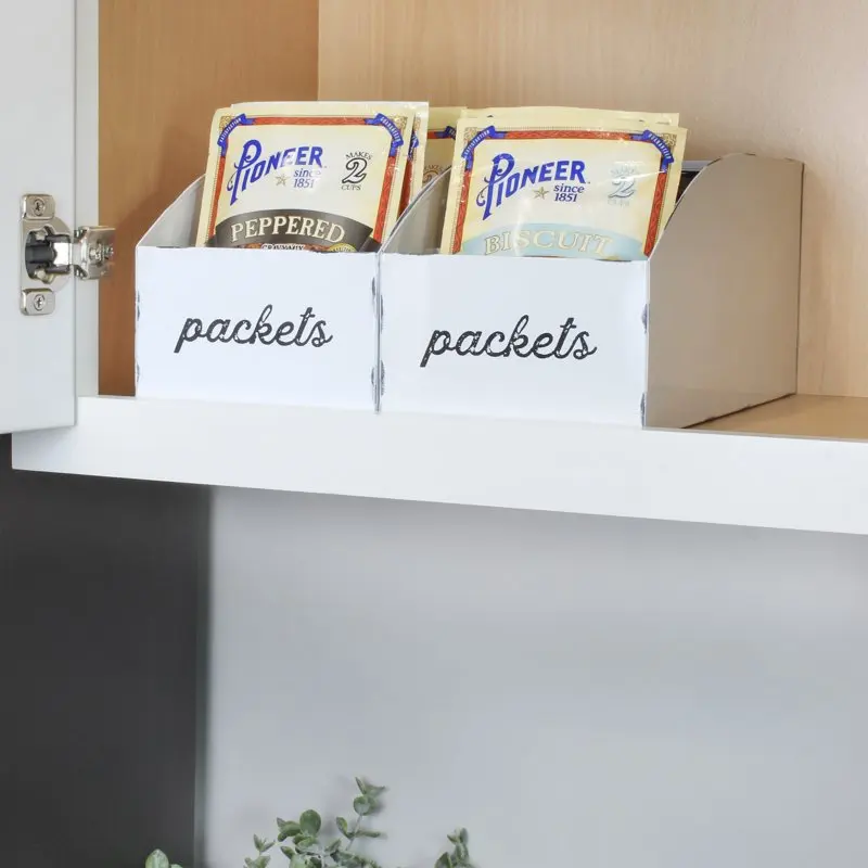

Farmhouse Food Packet Organizers (2-Pack); Pantry Organization Divided Compartment Bins for Food Mixes and Spice Packets