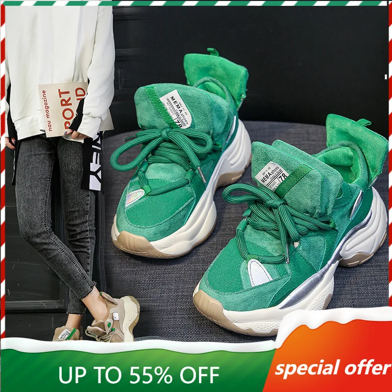 

Hot Women's Thick-soled Vulcanized Shoes Autumn New Green Chunky Sneakers Woman Made Suede Thick-soled Casual Shoes Adult
