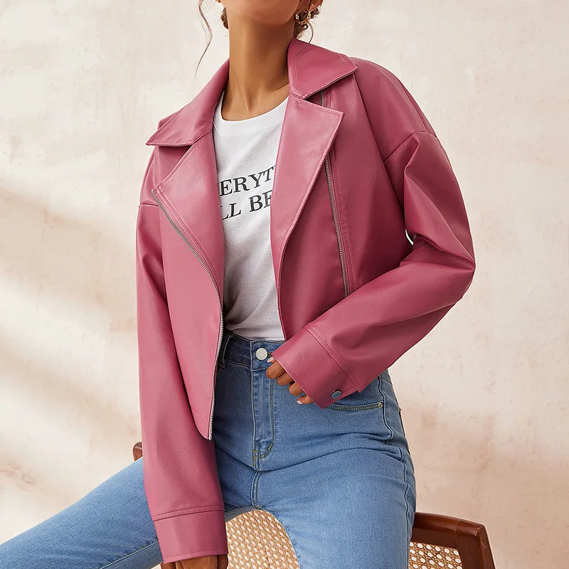 Women's Fashion Spring Autumn Leather Coat Pink Faux Leather  Zipper  Winter Coat Women Solid  Pu Faux Leather Biker Zipper Moto