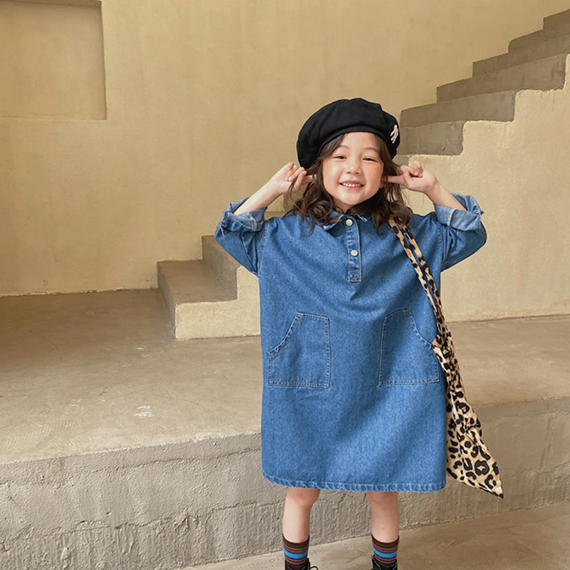 

Girls Denim Dress Autumn Winter Kids Fashion Korean Lapel Big Pocket Princess Dresses 3-7 Years Children Casual Clothes vestidos