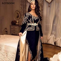black mermaid moroccan caftan formal evening dresses velvet long sleeves elegant lace appliques muslim party guest prom gowns
