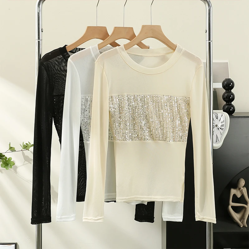 

Early Autumn Sequined Tee T Shirts Elegant Women O Neck Long Sleeve Stretchy T-Shirts See Through Top For Chic Girl