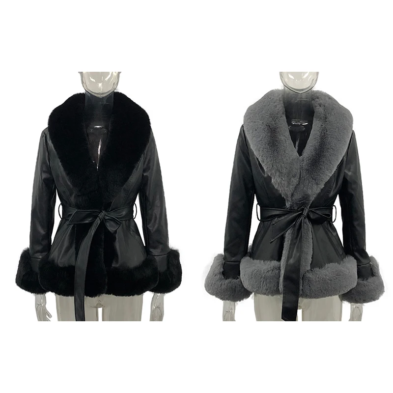 2022 Winter Faux Fur PU Leather Short Jackets Women Fashion Coats Elegant Pockets Thick Warm Faux Fur Female Jackets + Belt enlarge