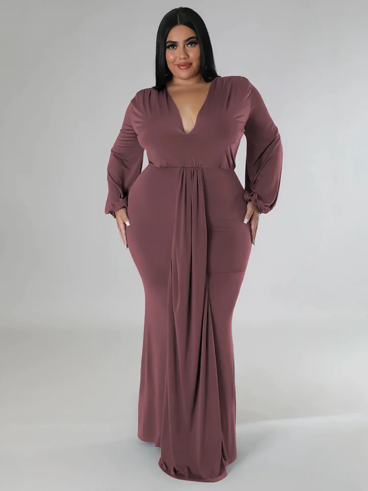 Plus Size Party Dresses for Women Long Sleeve Stretch Sexy v Neck Elegant Maxi Dress Fall Clothes Whol 3xl 4xl 5xl 6xl