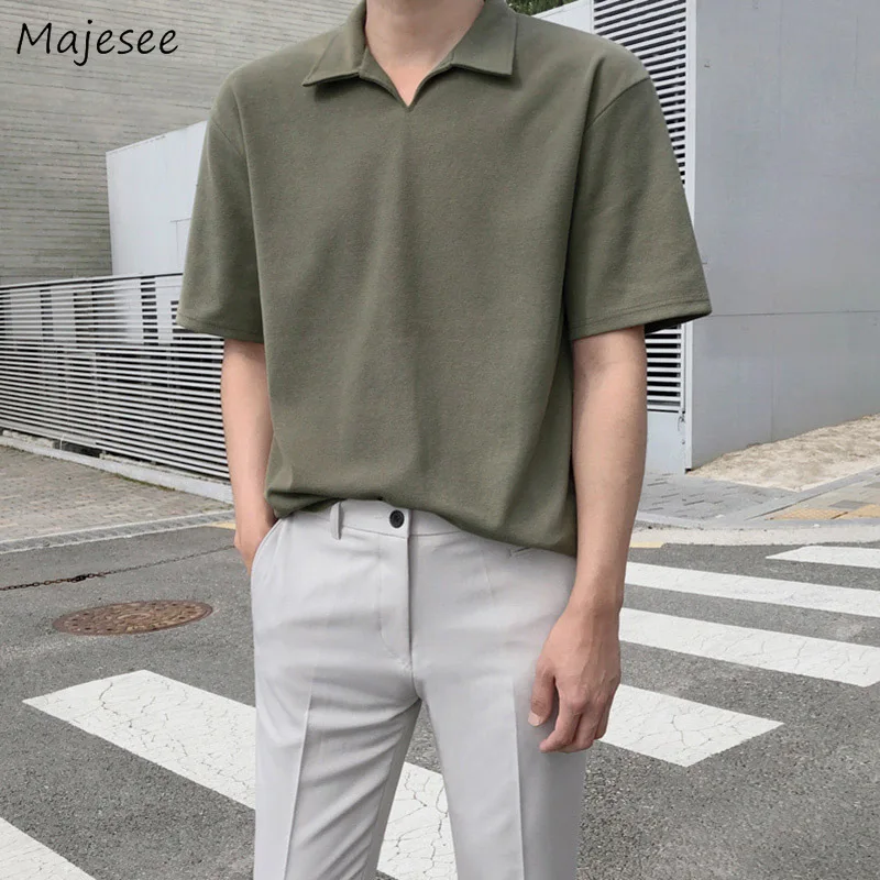 

T-shirts Men Simple All-match Popular Streetwear Popular Male Turn Down Collar Ulzzang Solid Teens Рубашки Breathable Ins Casual