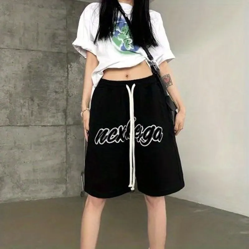 Vintage Shorts Women's Summer New Letter Embroidery High Waist Wide Leg Casual Basketball Short Pants Fashion