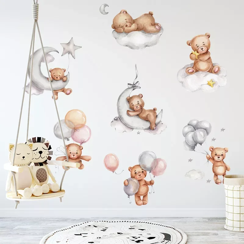 

2022 New Funny Cute Teddy Bear Kids Room Wall Stickers Baby Nursery Room Decoration Wall Decals Watercolor Style Home Decor Inte