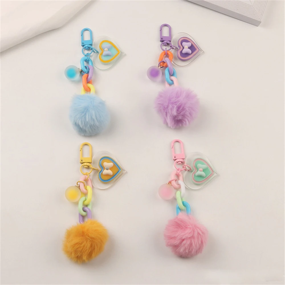 Women Girls Colorful Pompoms Keychain Cute Candy Color Heart Chains Pendant Headphone Case Bag Ornament Keyring Creative Gifts images - 6