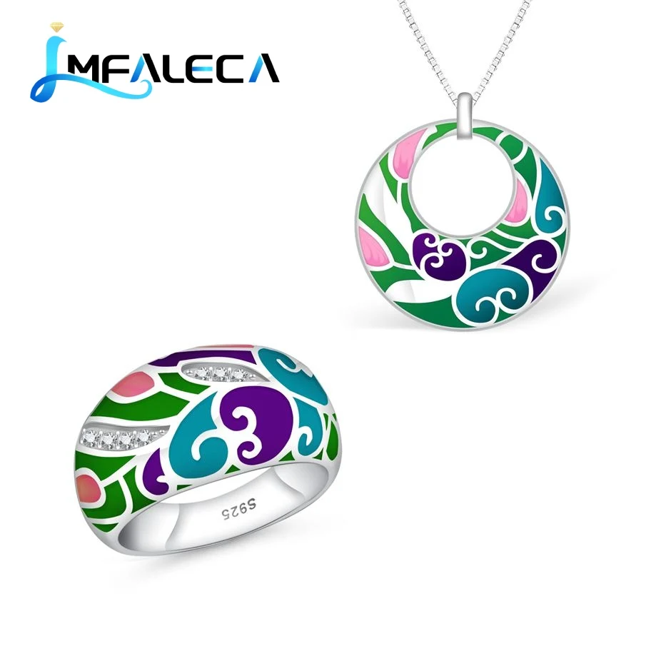 Silver Ring Necklace Set for Women Multicolor Transparent Enamel 925 Sterling Silver Pendant Box Chain Fine Jewelry