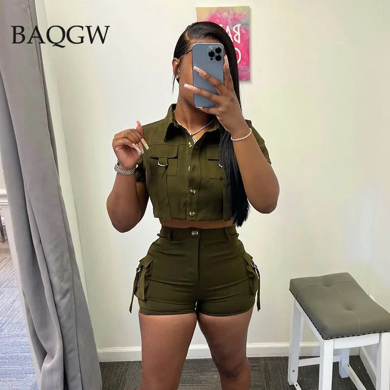 

Женский Повседневный костюм болотного цвета из двух предметов, футболка с коротким рукавом на пуговицах и шорты-карго, летняя пикантная ули...