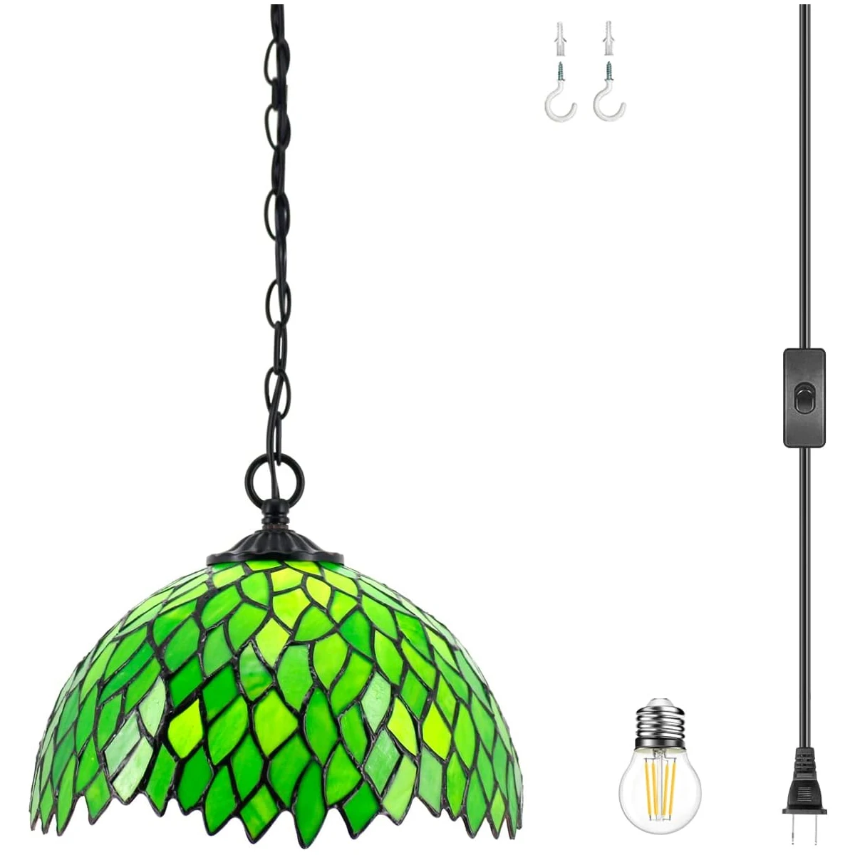 

WERFACTORY Tiffany Pendant Light Plug in Green Wisteria Stained Glass 12 Inch Hanging Lamp