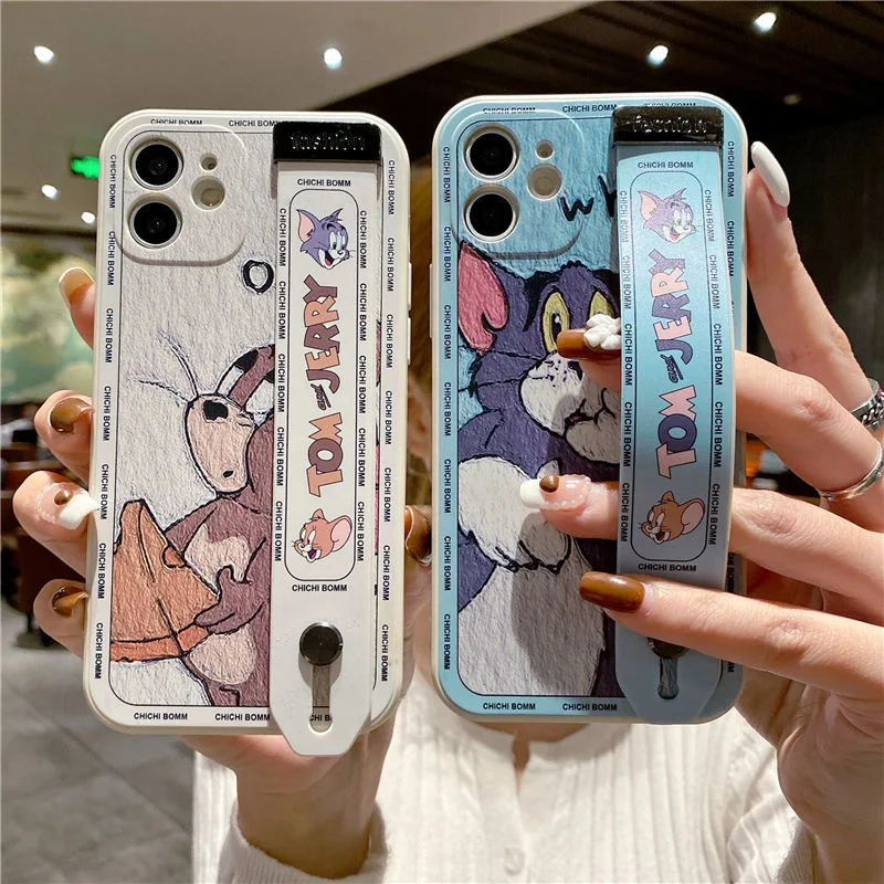 

Jerry And Cat Tom With Holder Wristband Strap IPhone 13 12 11 Pro Max XR XS X 7 8 Plus 6S Case Cover Women Men Couples