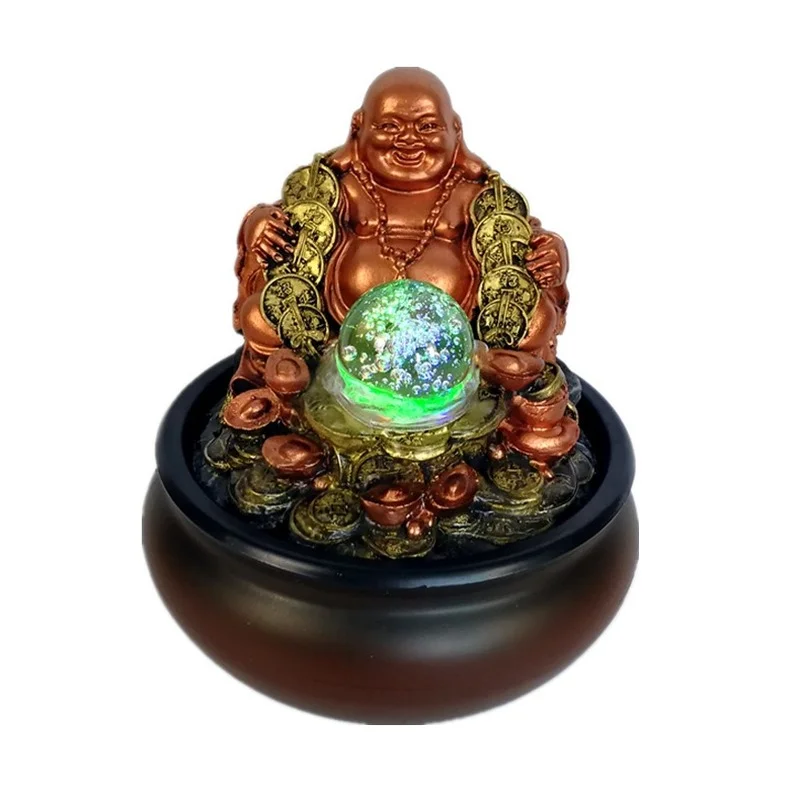

Lucky Money Maitreya Buddha Home and Office Feng Shui Decoration Tabletop Ornaments LED Light Ball Indoor Water Fountain Tea Pet