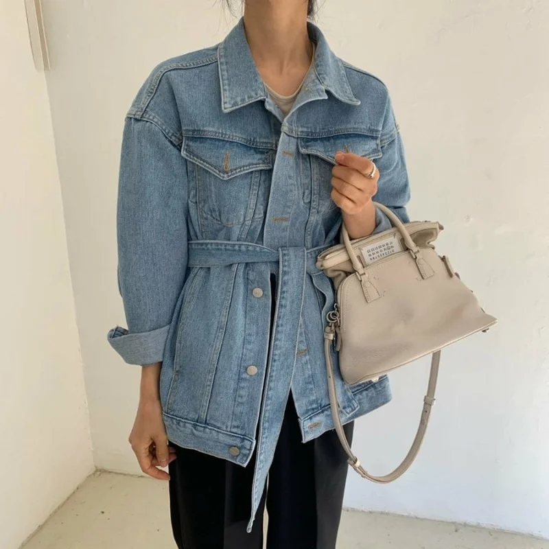 

Женская джинсовая куртка с поясом, свободная повседневная винтажная синяя куртка в Корейском стиле, Y2k, лето 2021