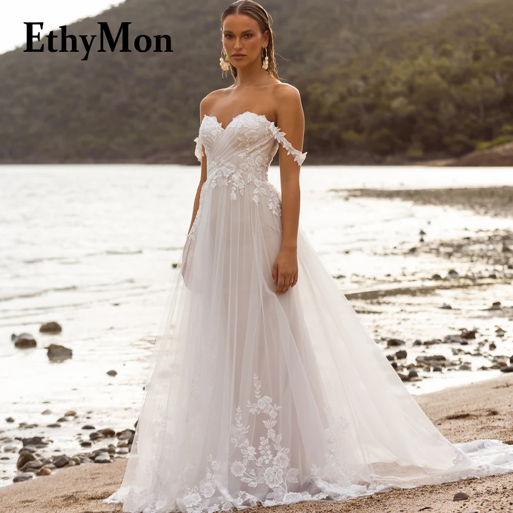 

Ethymon Sweetheart Off The Shoulder Backless Wedding Dresses Tulle For Women Vestidos De Novia Brautmode Customised Floral Print