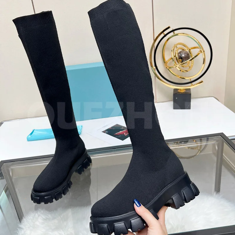 

Женские высокие ботинки, сезон осень-зима 2023, новые эластичные вязаные однотонные облегающие ботинки на высокой платформе, Темпераментная Женская обувь