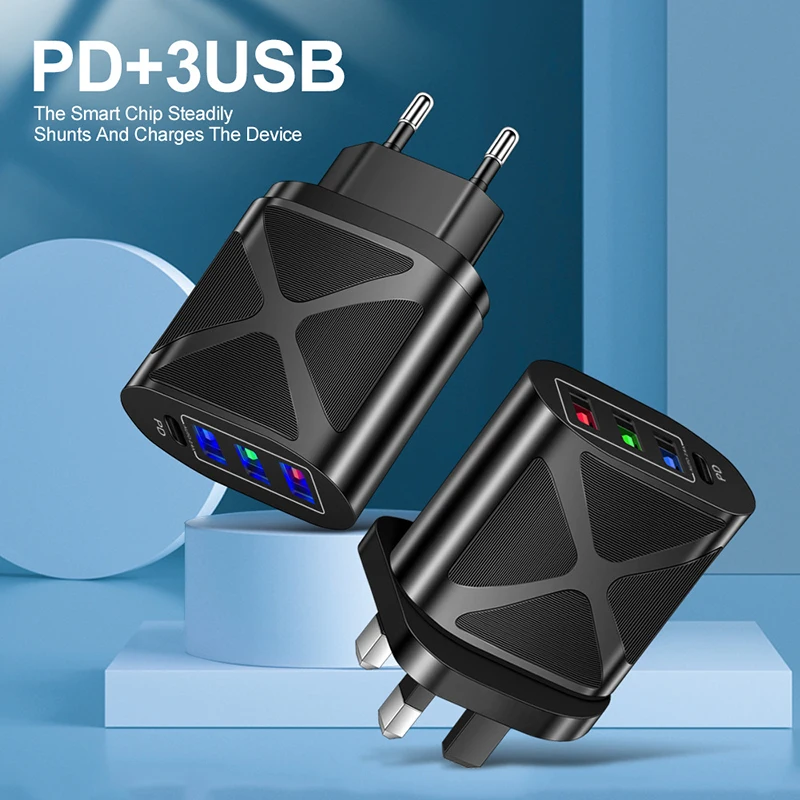 VAORLO 48 Вт 3.1A 3USB + PD Type-C быстрое зарядное устройство 4 порта зарядный кабель EU/US/UK
