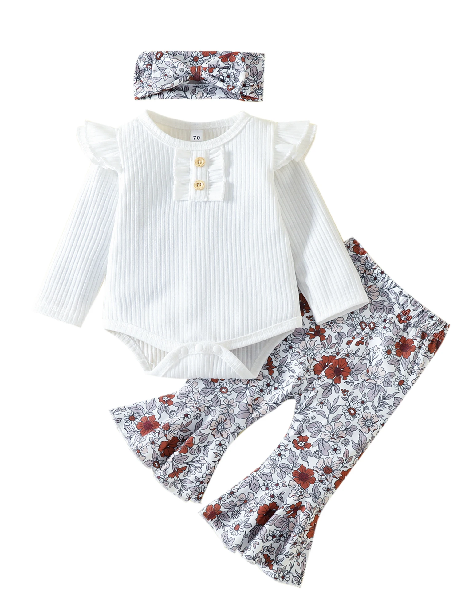 

Infant Baby Girl 3pcs Clothing Sets Rib Frill Long Sleeve Romper With Printed Flare Pants And Headband Fall Outfits
