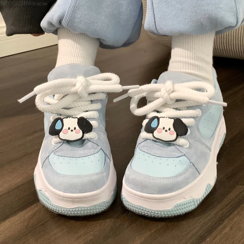 

Kawaii Puppy Stickers Sneakers Blue Vintage Y2k Women's Sport Shoes Round Toe Casual Shoes Summer 2023 Thick Platform Sneakers