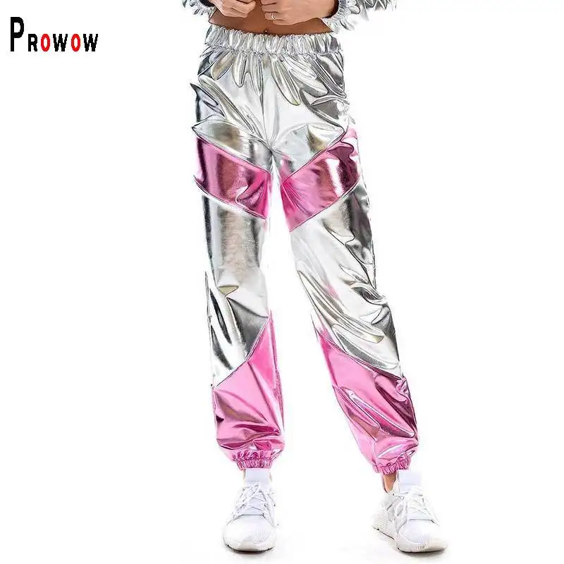 

Prowow Fashion Y2k Style Women's Pant Patchwork Colors Elastic Waist Bronzing Bottoms Clothing Slim Fit Trousers Sweatpants