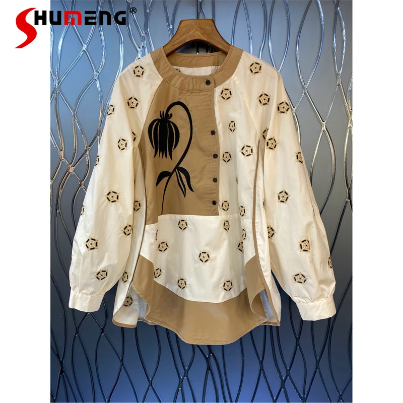 

2022 Spring New Loose O-Neck Color Matching Woman Tops Fashion Embroidered Flowers Printed Women Blouses Blusas Mujer