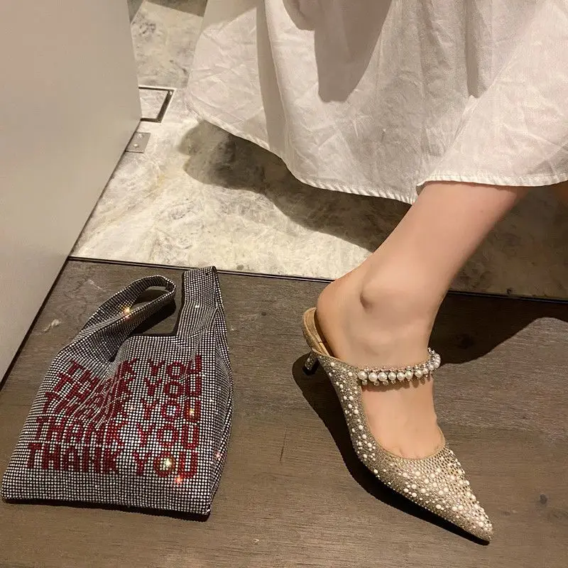 Spring/Summer 2023 Pointed Rhinestone Pearl Half Slippers High-Heeled Outdoor Toe Cap Mules Shoes Heel-Free Lazy Sandals Women
