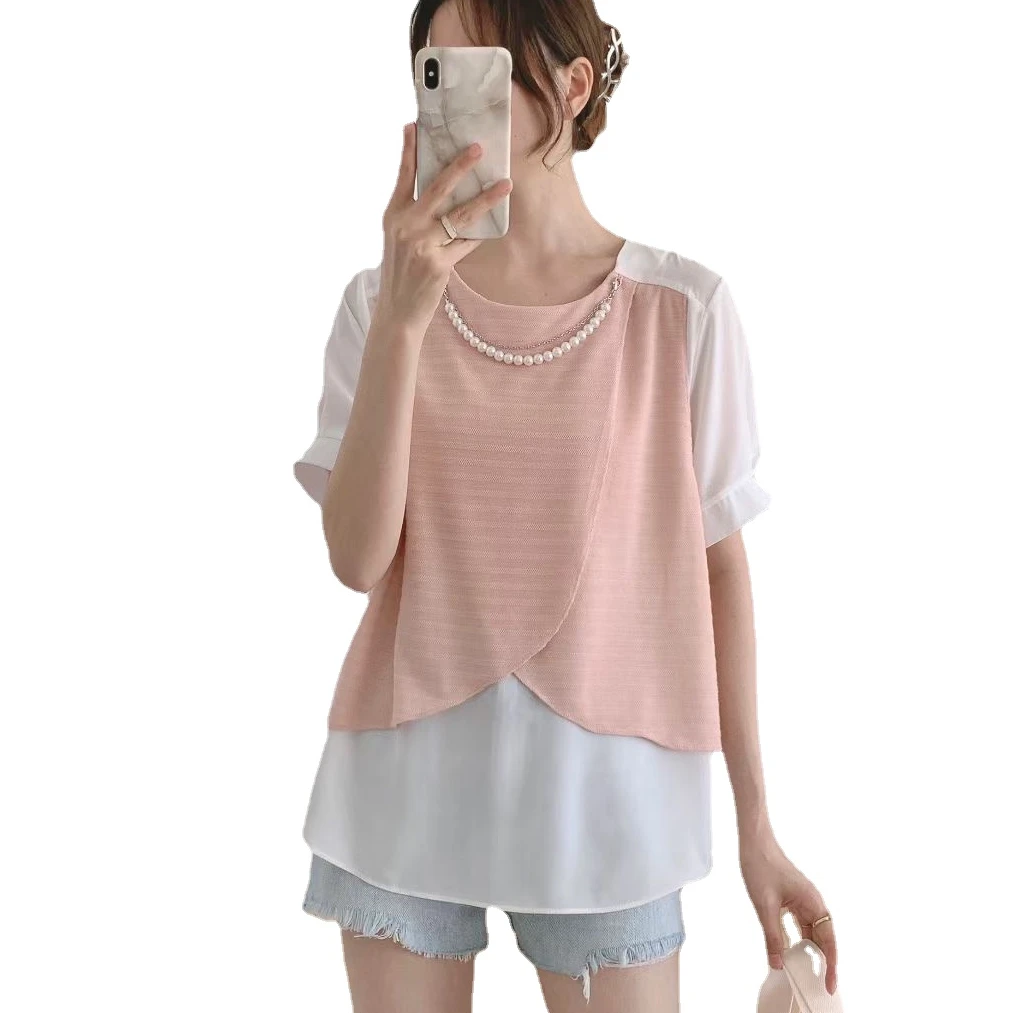 

Женская блузка с жемчужным ожерельем, розовые рубашки, женский топ с жемчугом