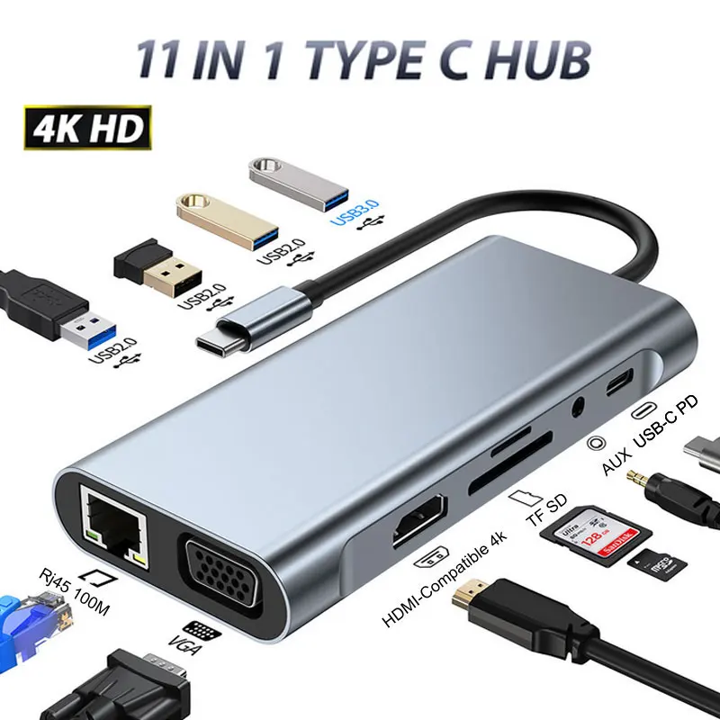 

3 USB C Hub with HDMI-Compatible 4K Rj45 VGA Adapter with Hub 3.0/2.0 TF SD Reader PD AUX for MacBook Pro/Air M1