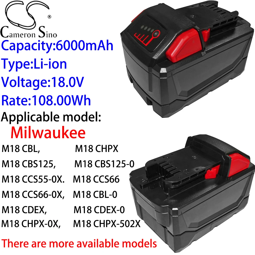 

Cameron Sino Ithium Battery 6000mAh 18.0V for Milwaukee M18CAG125XPDB-0X,M18CAG125XPDB-502X,M18CAG125XPDB-902X,M18CBL,M18CBL-0